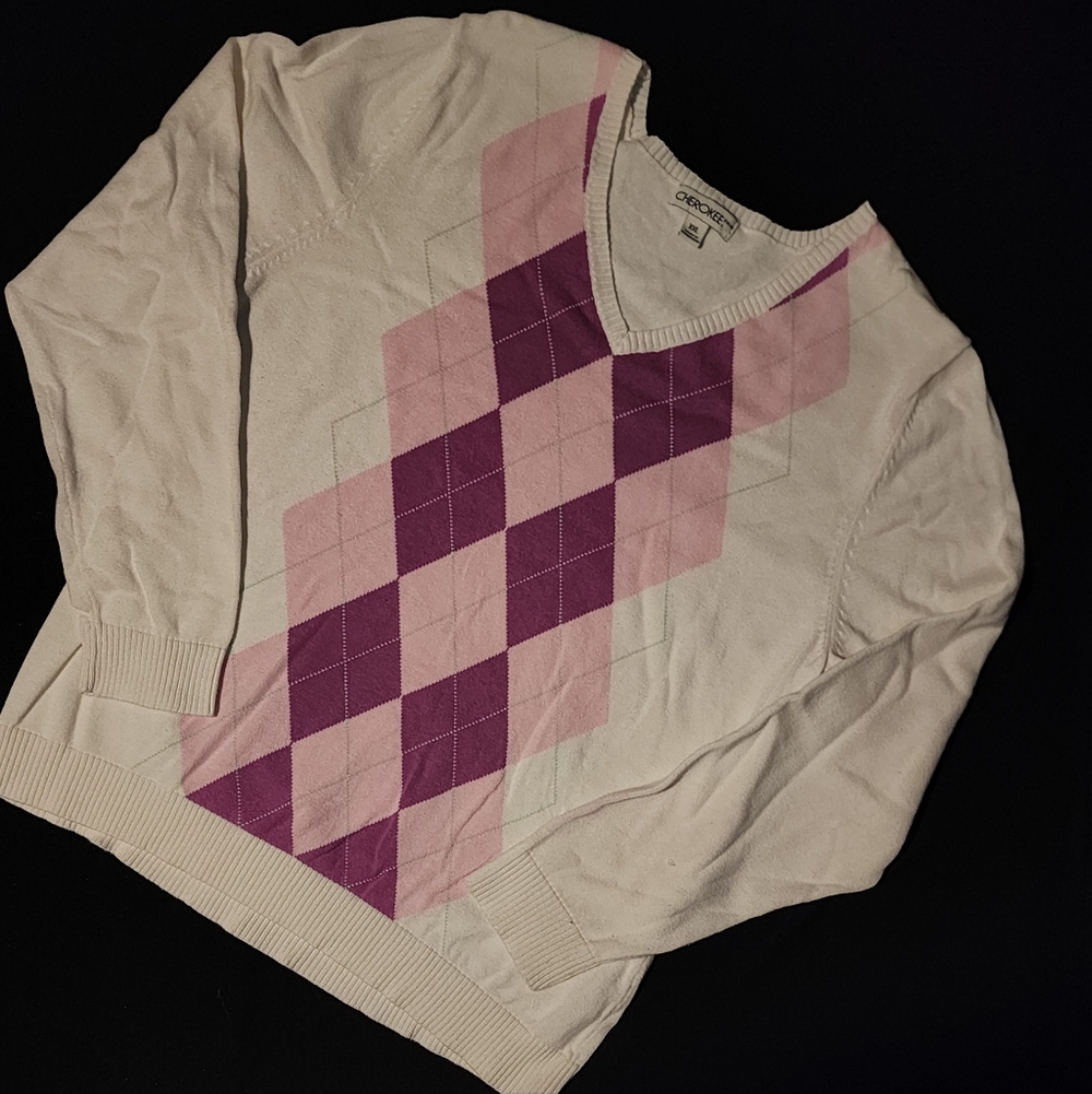 Cream Sweater with Pink and Purple Argyle